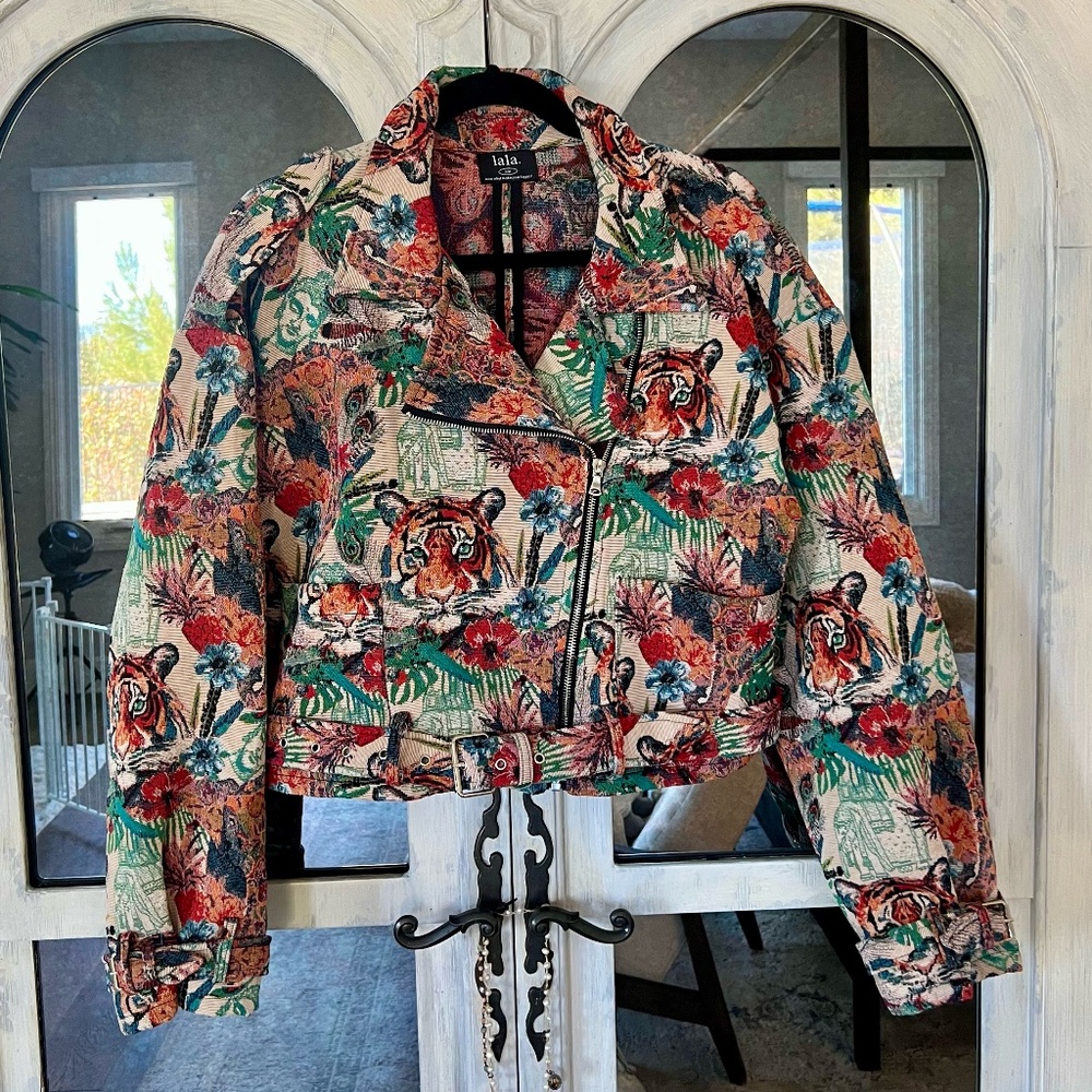 Wild Soul Tiger Jacquard Moto Jacket by Dressed in LALA, Sz S/M